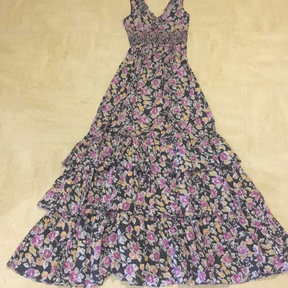Mango long ruffled dress brown w/ pink flowers